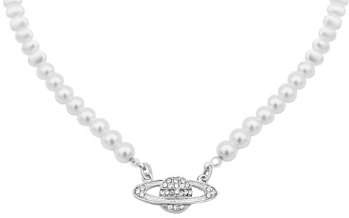 YuSaug Saturn Perlenkette für Damen, Silber Perlenkette Kristall Strass Halskette, Pearl Planet Necklace Pearl Orb Choker für Frau Freundin Mutter - Silber