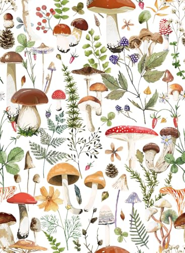 Adhesive Shelf Liner,Boho Mushroom Contact Paper for Cabinets,Vinyl Film Decorative Drawer Liner for Bedroom Dresser Sticker 17.3 inch x 118 inch (White Boho Mushroom, 17.3 inch x 118 inch)
