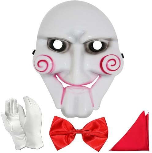 RockParty Billy The Puppet Horror Movie Costume Set - Fancy Dress Mask, Gloves, Bow Tie & Pocket Square for Halloween, Cosplay & Scary Parties