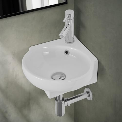 Lavabo sospeso ad angolo 39x36 in ceramica lucida con design ovale, forato per troppopieno e miscelatore