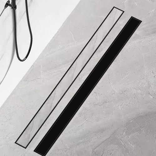 Duschrinne 60 cm, Edelstahl Schwarz Ablaufrinne Komplettset Extra flache befliesbare Duschrinne mit Haarsieb, Geruchsstop und 360° Drehbar Siphon