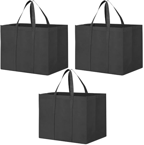 YqsIbth Reusable Grocery Bags, 3 Pack Large Reusable Tote Bags, Foldable with Handles, Black Shopping Bags for Daily Life, Picnic, Camping