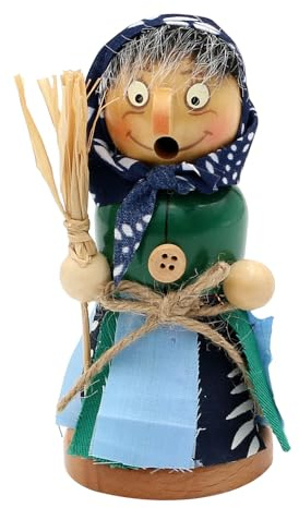 Holz Räuchermann, Räucherfigur, Rauchfigur, Räuchermännchen als Märchenfigur Hexe mit Besen und Kopftuch in grün, L/B/H 8 x 8 x 13 cm.