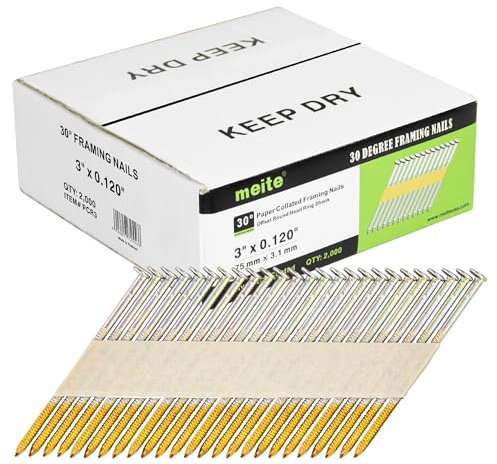 meite 30 Degree Framing Nails 3 Inch x .120 Inch Ring Shank Paper Collated Nails for 30-34 Degree Framing Nailer, Electro-Galvanized Offset Round Head Framing Nails for Sheathing Decking 2,000PCS