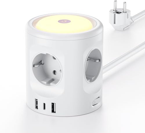 Ciabatta Multipresa con luce, ciabatta a 4 scomparti con 3 USB, presa di corrente con interruttore, presa multipla a cubo 3 modalità di illuminazione 16A, 2 M, per casa, ufficio F(Schuko)