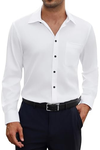 siliteelon Mens Shirts for Men Adult White Shirt Long Sleeve Stretch Formal Dress with Pocket Smart Casual UK Business Work Wedding Shirts 2XL