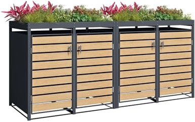 SCHARTEC Mülltonnenbox 4er anthrazit mit Holz-Design und Pflanzendach erweiterbar 240l Mülltonnenverkleidung mit Pflanzenkasten Mülltonnen Sichtschutz Unterstand für 4 Tonnen