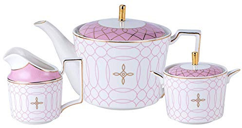 XWBLDBDFC Juego de té de cerámica de té de la tarde, juegos de té de porcelana de diseño único, cafetera, tetera de cerámica, jarra de leche y azucarero, patrones geométricos dorados, rosa