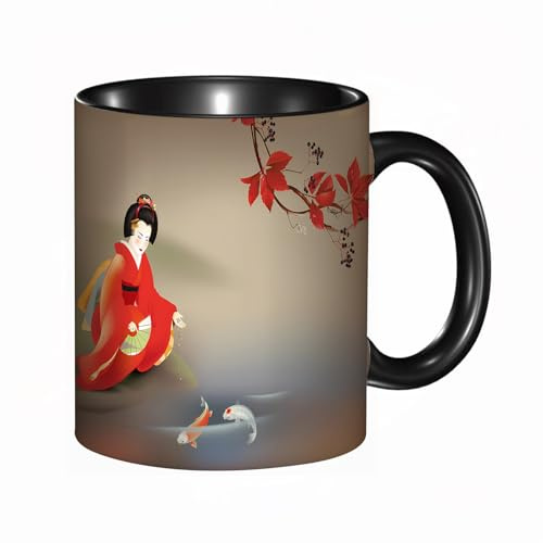 HRRASFAZF Tasse à Café | Tasse Céramique Fine | Cadeau Original | 330ml | Mug avec Anse | Cadeau Original pour Homme et Femme | Fille japonaise sur fond de fleur de cerisier. Vecteur
