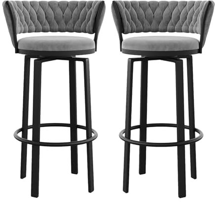 2er Set Moderne Drehhocker Samt mit Rückenlehne Stoff Grau Thekenhöhe für Küche Sitzhöhe 65cm
