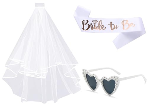 3 Stück JGA Accessoires Frauen- Schleier JGA Weiße, Bride to Be Schärpe, Herz Sonnenbrille Perle, JGA deko frauen - Hochzeit Fotorequisiten Spiele Zubehör für Bachelorette Party