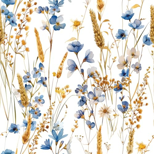 FunStick Papier Peint Autocollant Mural Fleur Sauvage Blanc Bleu et Or Papier Peint Fleuri Salle de Bain Botanique Blé d'automne et Floral Revetement Mural Salon Fleuri Champêtre Or Blanc 44.5CMx3M