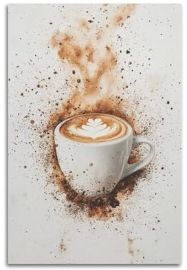 XHBKJA Eine charmante weiße Kaffeetasse mit wunderschönem Latte – Kunst und fliegender Kaffeesatz, Leinwand-Kunst, minimalistisch, modernes Wandbild, dekoratives Gemälde, hängendes Kunstwerk, 30 x 45