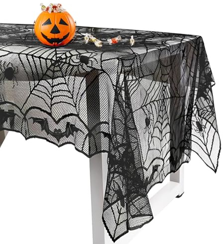 GTYARYUA Manteles Halloween, Halloween Mantel Tela de Araña, Telaraña Mantel Gótico de Rncaje Negro, para la Decoración de la Mesa de Fiesta de Terror（122 * 244 CM）