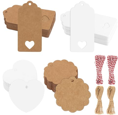 400 Stück Geschenkanhänger Kraftpapier, Kraftpapier Anhänger Papier, Anhänger Papier mit Schnur, Anhänger für Hochzeitsdekoration, Weihnachten, Geschenkverpackung, Handwerk (Braun, Weiß)
