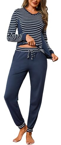 Crewhpo Pigiama Donna Invernale 2 Pezzi Pigiama Lungo Leggero Scollo a V Pigiama da Notte Maniche Lunghe Pigiama da Casa Casual Morbido e Confortevole Blu Navy M