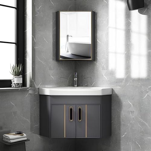 Mueble de baño pequeño Lavabo, Mueble de Esquina de Pared con Espejo y Lavabo de cerámica, Organizador de baño, Armario de Almacenamiento para casa, Cocina y Patio, 48