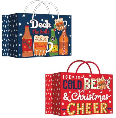 Pack of 2 Christmas Beer Bottle Gift Bags 6 Compartments Per Bag - Red Blue Festive Design Gift Present Cider Ale Drinks Wine Prosecco - Carrier Handles With Tag
