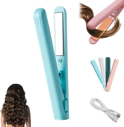 Tragbarer USB Lockenstab, Mini Lockenstab, Mit Heißschutzgehäuse, Tragbarer Reise Haarglätter Für Alle Haartypen,Haarglätter,Für Kurze Haare (Blau)