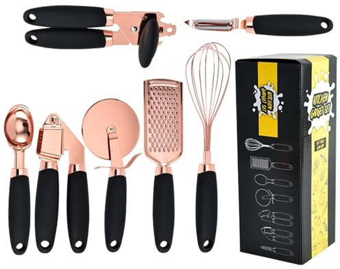 7 Pc Kitchen Gadget Set Copper Coated Stainless Steel Utensils Soft Touch Handles Kitchenware with Peeler Egg Whisk Pizza Cutter Jar Bottle Opener Garlic Press Spoon Grater for Home Bar Restaurant Out