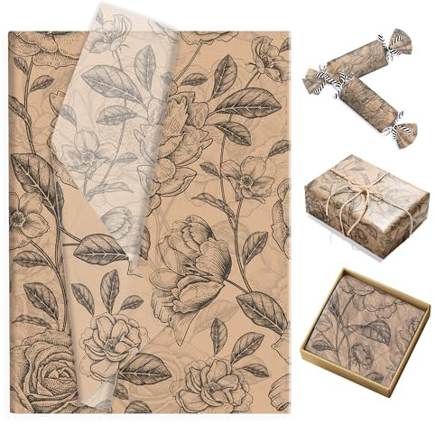 Vintage Seidenpapier Verpackungsmaterial 100 Blatt,Retro Seidenpapier Mit Blumen Motiven Geschenkpapier Packseide DIY Bastelpapier für Geburtstag Party Hochzeit (50×35CM)