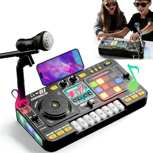 Mesa de mezclas DJ para niños de 3 a 10 años, controlador de DJ con micrófono y luces LED, 100 + efectos de sonido, teclado piano, batería, juguete de regalo para principiantes de DJ niños y niñas