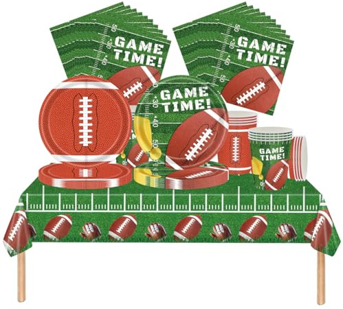 Fuwraixis Rugby party tableware, 61 piece American football children's birthday cutlery, Sports Theme party decoration supplies set, Includes paper cups, plates, napkins and tablecloths