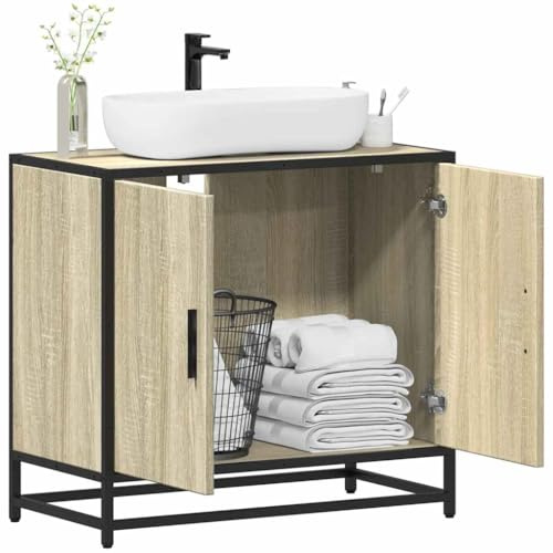 Ziaphsol Armoire de salle de bain, chêne Sonoma, 65 x 33 x 60 cm, matériau dérivé du bois, structure en métal, sous évier, meuble de salle de bain, espace de rangement pratique, résistant à l'humidité