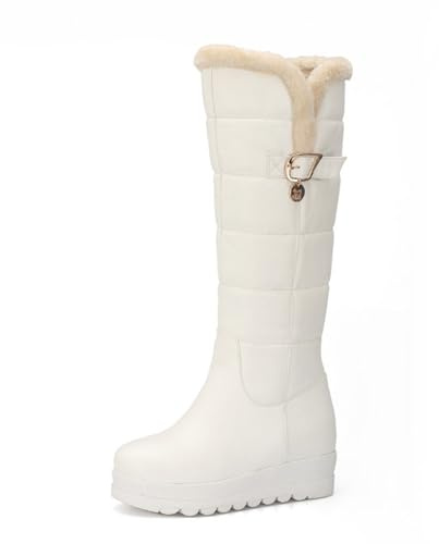Eestfy Botas Invierno Acolchadas Rodilla Alta con Forro Pelo Sintético Detalle Hebilla Suela Plataforma para Actividades Clima Frío Extremo,Blanca,37 EU