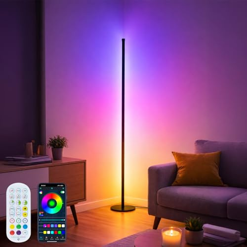 Smart RGB Corner Floor Lamp with App & Remote Control Colour Changing LED | Standing Lamp with Music Sync, Dimmable Mood Lighting for Living Room Bedroom Gaming Room