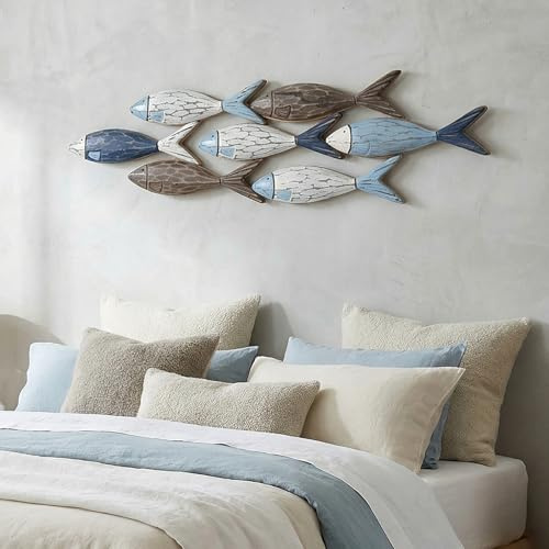 Mediterráneo Decoración De Paredes De Madera, Arte De Pared De Banco De Peces Vintage Envejecido, Escultura De Pared De Playa Océano Muro, Para Dormitorio Sala De Estar Oficin(Size:Pequeño,Color:Azul)