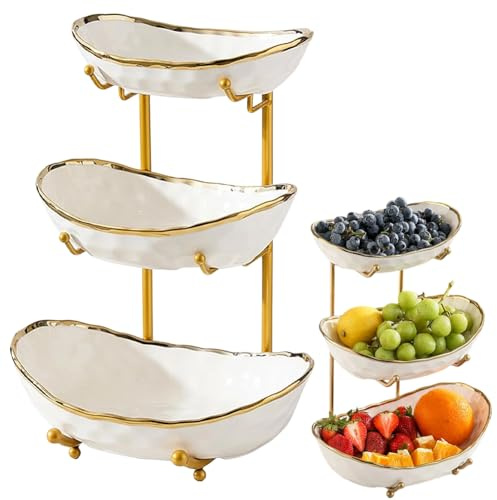 Wapasezyar 3-Layer Ceramic Fruit Bowl with Metal Frame, Fruit Bowl Etagere, Elegant Cake Stand for Serving Fruit, Vegetables & Snacks, Decorative Bowl for Kitchen and Living Room (Three Layers White)