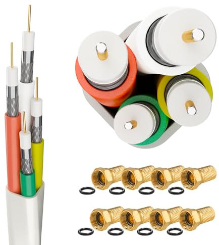 HB-DIGITAL 10m Quattro-Kabel Koaxial SAT 4-Fach Kabel Weiß 4-in-1 für Ultra HD 4K DVB-S / S2 DVB-C und DVB-T / T2 BK Anlagen + 10 vergoldete F-Stecker SET Gratis dazu (Quattro, Quad Kabel)