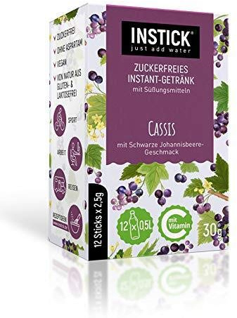 Instick Bebida instantánea sin azúcar (Cassis) – 1 paquete para 12 x 0,5 – 1 l – Polvo vegano de bebida baja en calorías y vitamina C – Polvo instantáneo