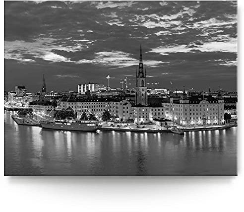 BilderKing Wandbild Stockholm Nacht Skyline schwarz/weiß - 200cm x 150cm Leinwand auf 4cm Keilrahmen
