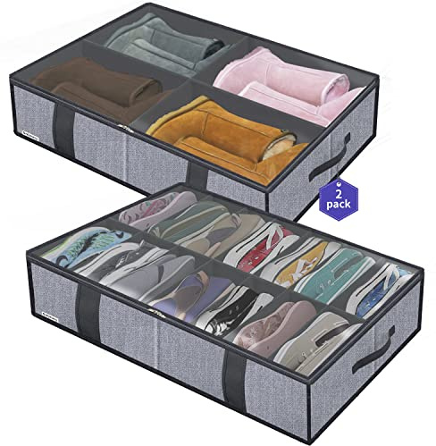 Onlyeasy Under Bed Shoe Storage Organizers for Kids and Adults Fit 14 Pairs of Shoes & 4 Pairs of Boots, Sturdy Underbed Organizer with 2 Strong Zippers and 4 Handles, Linen-like Grey, MXDUBS14S4