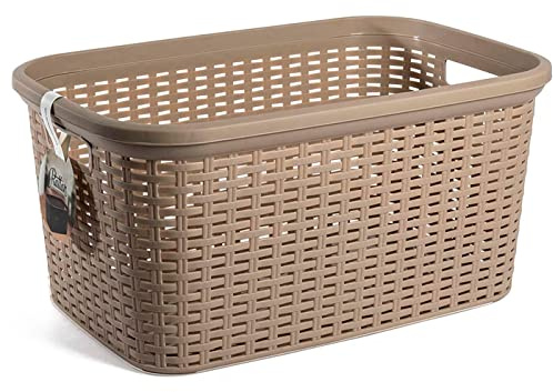 Acan Tradineur - Cesta Colada Rectangular de plástico - Fabricado en España - Capacidad de 35 litros - Estilo Mimbre - 53,5 x 36 x 26,5 cm - Color Marrón