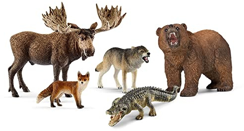 Schleich Wild Life - 5PC North American Animal Figurine Bundle - Realistic Moose, Wolf, Fox, Alligator, and Grizzly Bear Figures - Educational Toys for Kids for Screen-Free Play - 3+ | 77417