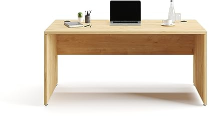 Furni24 Schreibtisch fürs Arbeitszimmer und Home Office - Großer laminierter Computertisch aus Holz, 2 Kabeldurchlässe und mit verstellbarem Metall kabelkanal-Nuvi(Saphir-Eiche,Kabelkanal 180x80x75cm)