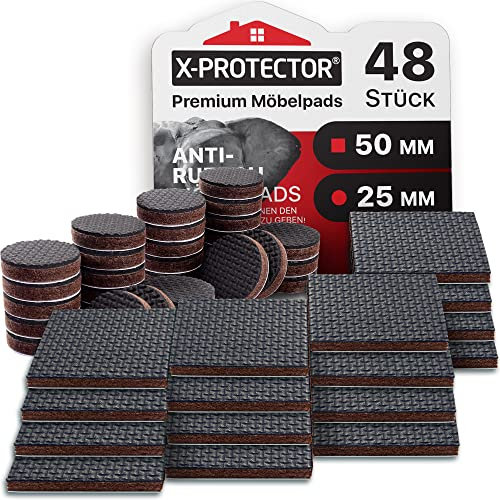 X-Protector Antirutsch Pads 48 Stück - 32 Runde 25mm Und 16 Quadratische 50mm - Antirutsch Gummi Selbstklebend - Prämie Rutschhemmer für Möbel - Dicker Möbelstopper - Antirutschpads für Möbel!
