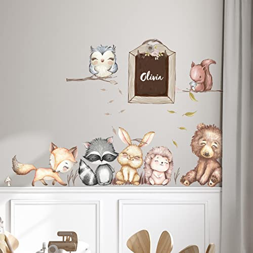WANDKIND Waldtiere mit Wunschname V366 Wandtattoo | handgezeichnet | AUFKLEBER Kindergarten | Wandsticker Kinderzimmer Tiere aus dem Wald (60 x 60 cm)