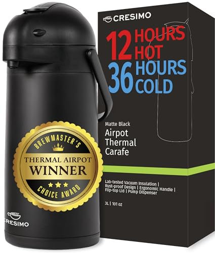 Airpot Coffee Dispenser With Pump, Black - 12 Hours Hot Water Dispenser with Pump, 36 Hours Cold - Coffee Thermal Carafe for Hot Drinks, Tea Flask for Beverages -Large Carafe w/ One-Handed Dispensing