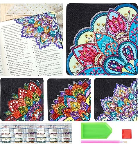 4 Pcs 5D Diamant Painting Lesezeichen, Diy Leder Eck-Lesezeichen, Lesezeichen Basteln für Erwachsene Kinder, Mandala Diamond Painting Lesezeichen für Reading Geschenk für Buchliebhaber