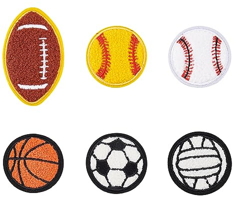 FINGERINSPIRE 12 Stück 6 Stile Chenille Ball Stickerei Flicken Zum Aufbügeln Sportball Applikationsflicken Baseball Basketball Volleyball Fußball Rugby Muster Flicken Für DIY Handwerk Jacken Hüte