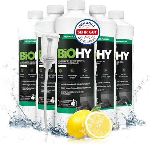 BiOHY Wischroboter Reiniger für Station mit Frischeduft (6 x 1L) + Dosierer | Bodenreiniger Wischroboter & Reinigungsmittel für Saugwischer und Saugroboter Konzentrat für Parkett, Fliesen & Hartböden