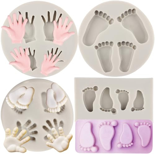MYPRACS Lot De 4 Moules à Fondant En Silicone Pour Bébé Pied De Bébé Main De Bébé Décoration De Gâteaux Cupcakes Bonbons Chocolat Pâte à Gomme Argile Polymère