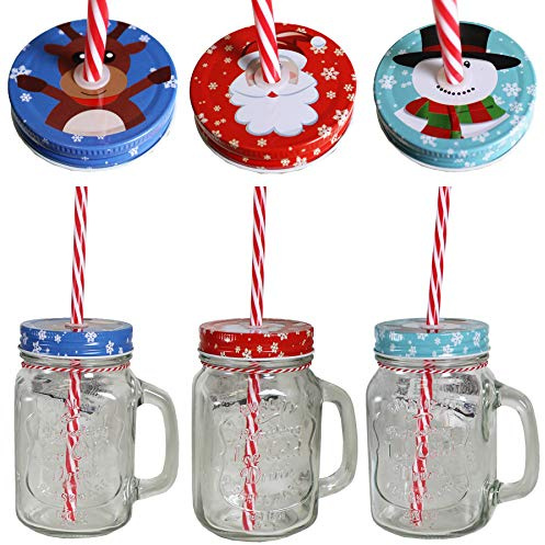 Christmas Mason Jar with Handle and Straw Set of 3 Glasses - 6316