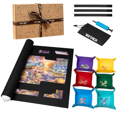 Tektalk 3000-Pc Jigsaw Puzzle Mat with 6 Felt Sorting Trays, Higher-Capacity Design, Roll-up Mat in Delicate Packaging Box with Hand Pump, Storing for 3000, 2000, 1500, 1000, 500 Jigsaw Puzzle Pieces