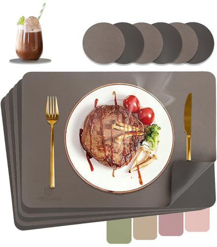 HELI MIAO Tischsets Abwaschbar,Platzsets Abwischbar, Leder,Hitzebeständig Doppelseitigen I 6er Set Platzdeckchen Lederoptik mit Untersetzer,Tischuntersetzer rutschfest,Goldbraun + Dunkelbraun