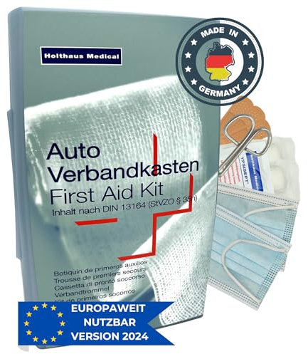 HierBeiDir Cassetta di pronto soccorso per auto, secondo la norma attuale 2024/2025, DIN 13164:2022 (conforme alle norme locali vigenti), per tutta l'Europa, in argento, made in Germany
